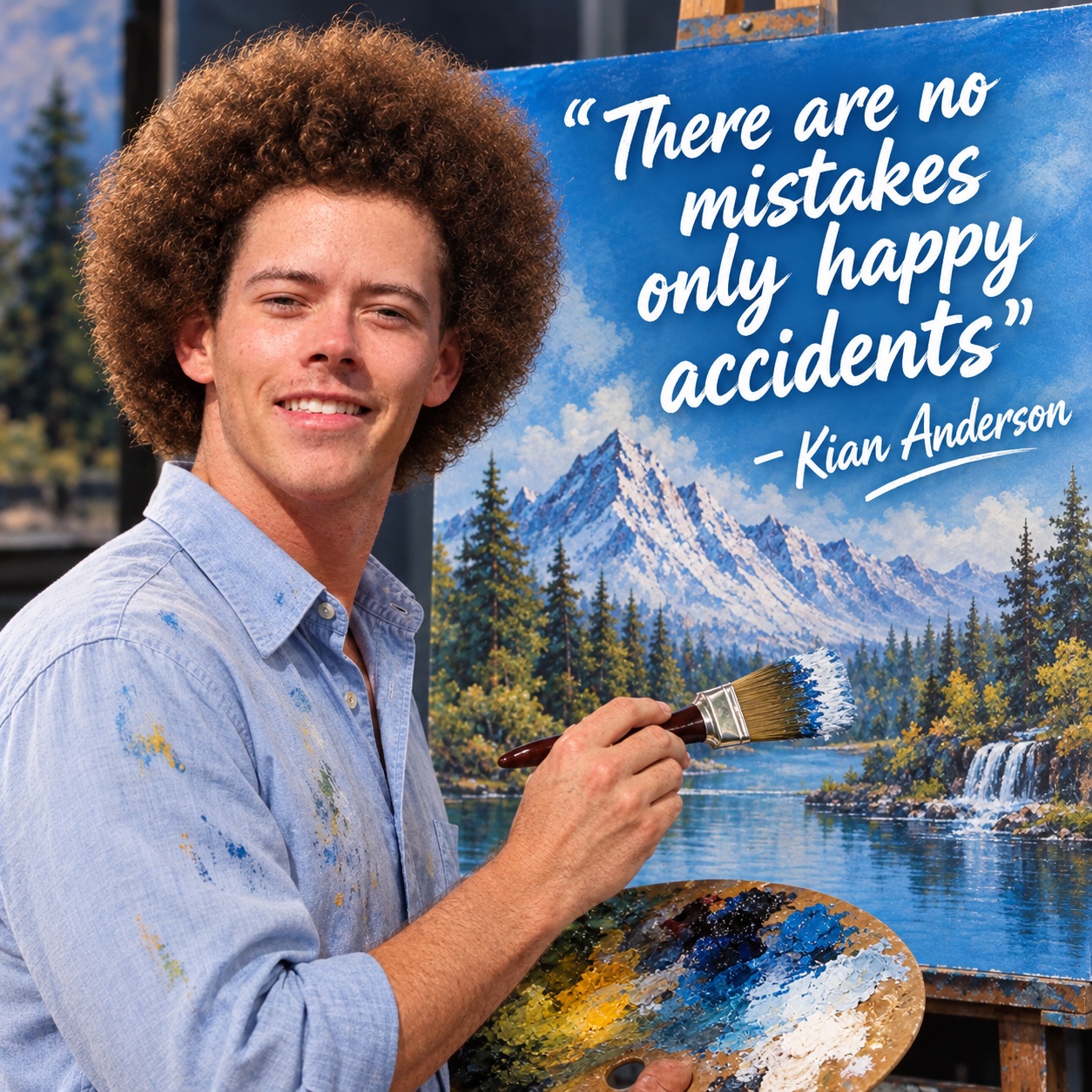 Kian with an afro, painting a mountain lake, next to the quote: There are no mistakes, only happy accidents
